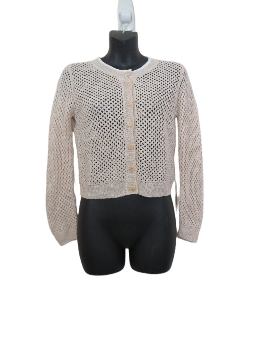 Theory Size XS Open Knit Cropped Cardigan Sweater Ivory Long Sleeve Round Neck